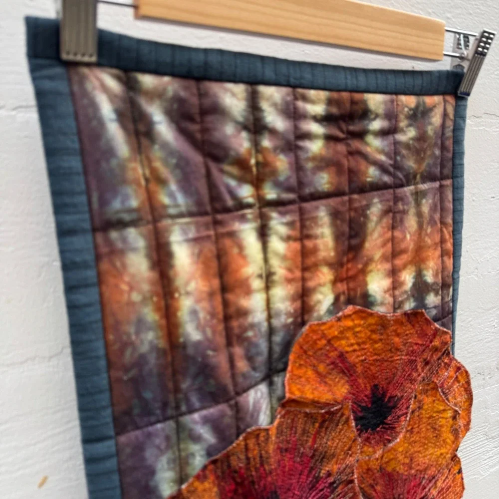 handmade tapestry Quilted Wall Hang Orange Floral Fiber Art Vase Flowers 3D